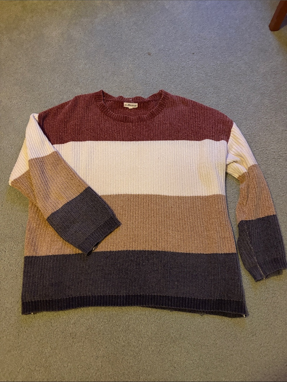 MACARON Striped Crewneck Sweater in Burgundy, Cream, Tan & Charcoal